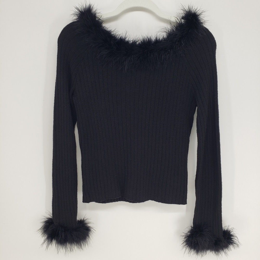 Y2K Phosphorus Feather Trim Ribbed Sweater Women Large Black Long Sleeve Glam